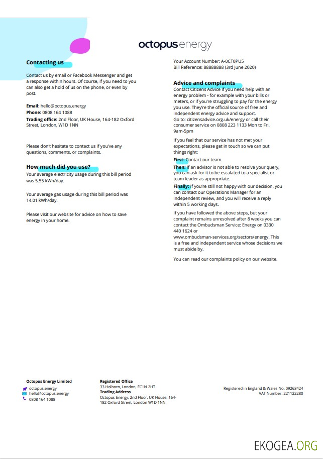 United Kingdom octopus energy utility bill template in word and pdf format, 3 pages 3 template